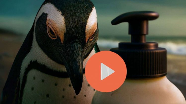 Pinguin mit einer Plastikflasche davor. Animation.